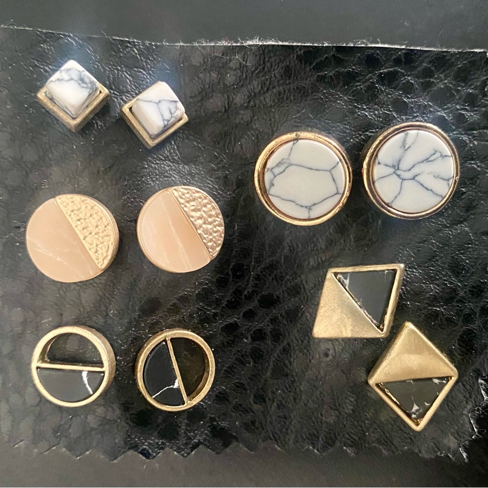 Matte Gold Geometric Earrings Set | 5 Pairs Studs Included with Marble Accents